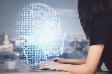 Bilgisayar ve insan beyin hologramı çizimleri üzerinde çalışan kadın ellerine çok maruz kaldı. Ai teknoloji konsepti.