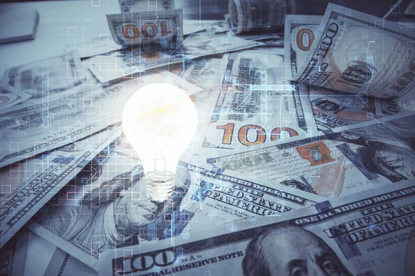 Dubbel Exponering Glödlampa Ritning Över Usa Dollar Sedel Bakgrund Begreppet — Stockfoto