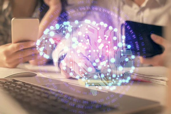 Doble Exposición Hombres Mujeres Trabajando Juntos Dibujando Holograma Cerebral Concepto —  Fotos de Stock