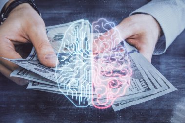 Beynin holograma maruz kalması, bize dolar banknotları ve insan eli çizmesi. Ai yatırım konsepti