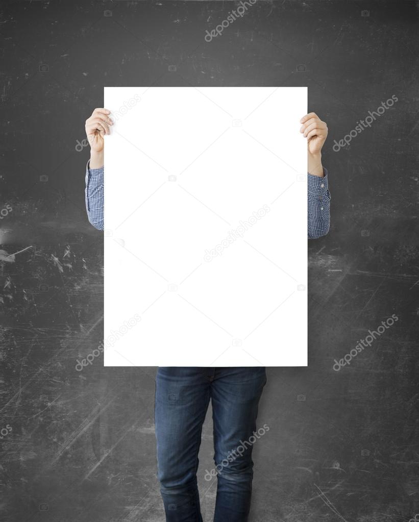 hipster holding white poster