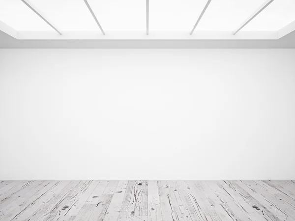 Białe ściany betonowe i drewniane podłogi strychu — Zdjęcie stockowe