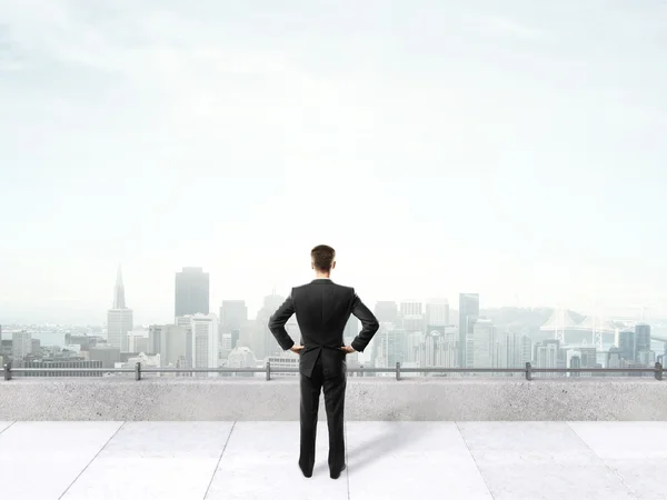 Businessman standing on roof Stock Photo