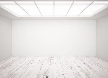 Beyaz beton duvar ve çatı katında ahşap zemin