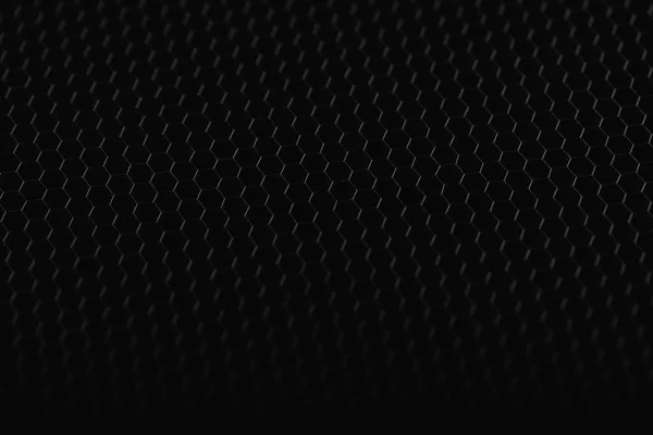 黒鉄のパノラマ プラスチック六角形のテクスチャ 産業用メッシュの背景 選択的フォーカスの低いキー — ストック写真