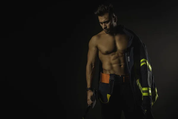 Young Handsome Adult Muscular Firefighter Uniform Holding Fire Equipment His — Stock Photo, Image