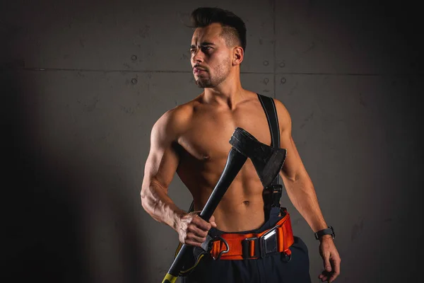 Young Handsome Adult Muscular Firefighter Uniform Holding Fire Equipment His — Stock Photo, Image