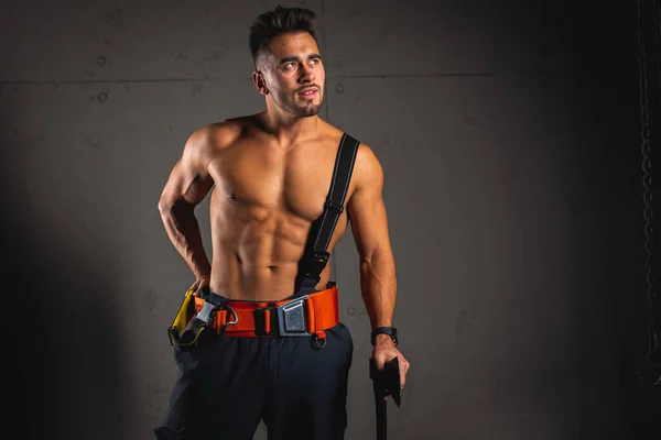 Young Handsome Adult Muscular Firefighter Uniform Holding Fire Equipment His — Stock Photo, Image