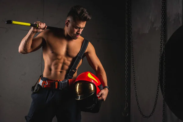 Young Handsome Adult Muscular Firefighter Uniform Holding Fire Equipment Hands — Stock Photo, Image