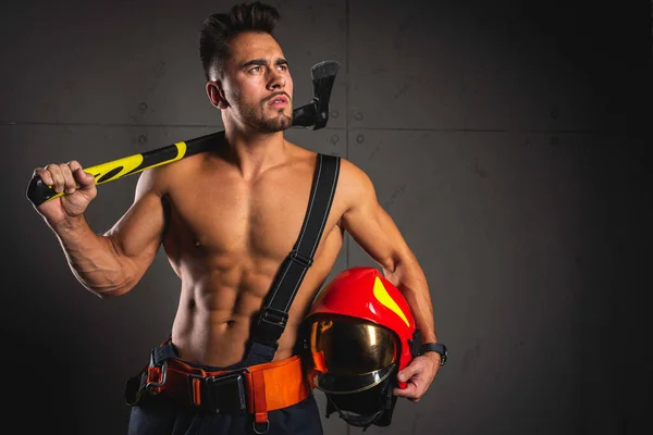 Young Handsome Adult Muscular Firefighter Uniform Holding Fire Equipment Hands — Stock Photo, Image