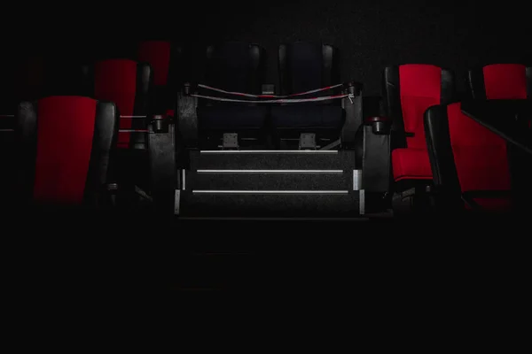 Empty Movie Theater Armchairs Red Black Cinema Hall Illuminated Beam — Stock Photo, Image