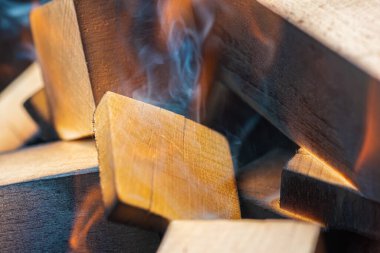 Ateş yakmak, ateş yakmak, bir sürü ağacın barbekü için hazır olduğu sıcak bir şömine yakmak, odun yakmak. Seçici odaklanma. Yakın görüş. Ateş kavramı, yanma.