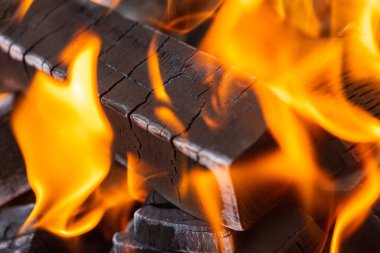 Ateş yakmak, ateş yakmak, bir sürü ağacın barbekü için hazır olduğu sıcak bir şömine yakmak, odun yakmak. Seçici odaklanma. Yakın görüş. Ateş kavramı, yanma.