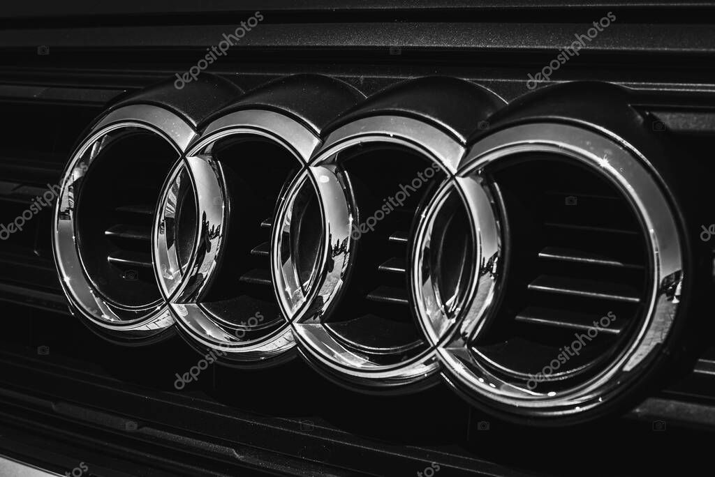 LVIV CITY, UKRAINE - JULY 10, 2021: Black and white photo, close-up view, Audi front grille with logo.