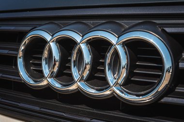 LVIV CITY, UKRAINE - JULY 10, 2021: close-up view, Audi front grille with logo.