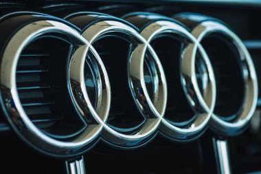 LVIV CITY, UKRAINE - JULY 10, 2021: close-up view, Audi front grille with logo.