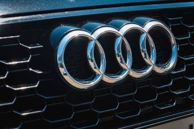 LVIV CITY, UKRAINE - JULY 10, 2021: close-up view, Audi front grille with logo.