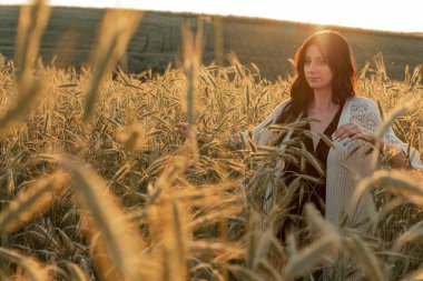 Gün batımı, yumuşak akşam renkleri, genç, güzel, duygusal esmer kız buğday tarlasında uzun saçlı, altın tarlasında. Sakinlik, ruhun huzuru.