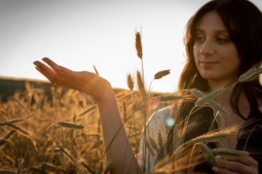 Gün batımı, yumuşak akşam renkleri, genç, güzel, duygusal esmer kız buğday tarlasında uzun saçlı, altın tarlasında. Sakinlik, ruhun huzuru.