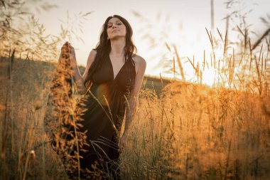 Gün batımı, yumuşak altın sarısı akşam renkleri, genç, güzel, duygusal esmer uzun siyah uzun elbiseli kız altın buğday tarlasında. Ruhun rahatlığı, neşe, doğa