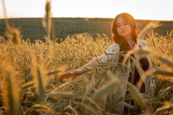 sunset, soft evening colors, young, beautiful, emotional brunette girl with long hair on a wheat, gold field. Calmness, comfort in the soul