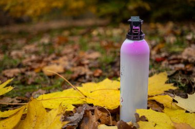 Sarı ve yeşil yaprakların bulanık sonbahar arka planında, beyaz ve pembe bir termos sprey şişesinin yakın plan görüntüsü, cinsiyet partisi, çocuk makalesi tanımı, kız