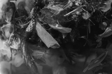 Kurutulmuş botanik ve bitki çayının soyut siyah ve beyaz makrosu. Sanatsal doğa, eczacı ve sağlık kavramları için yaprakların ve çiçeklerin organik dokuları