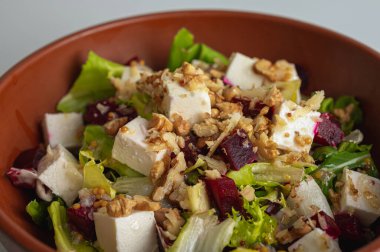 Fındıklı pancar ve peynir salatası ve taze yeşillikler. Sağlıklı vejetaryen yemekleri ve gurme aperatif konsepti. Yakın çekim fotoğrafçılık