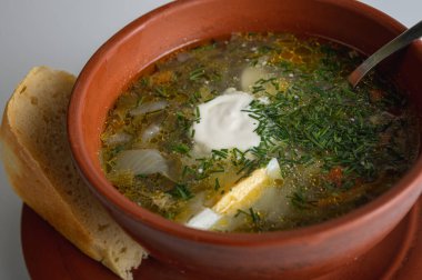 Geleneksel yeşil kuş çorbası haşlanmış yumurta ve kırsal bir klozette ekşi krema. Ekmekli Ukrayna yeşili borş çorbası. Beyaz arka planda sağlıklı ev yapımı yemek