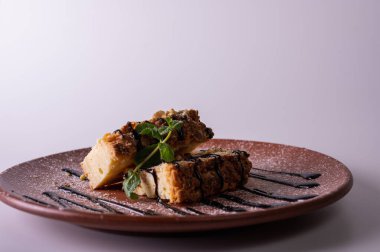 Makro katmanlı ballı kek dilimleri çikolata soslu ve taze naneli. Ekmek kırıntısı desenli gurme tatlı ve kil tabakta pudra şekeri. Tatlı pasta konsepti