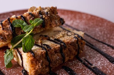 Makro katmanlı ballı kek dilimleri çikolata soslu ve taze naneli. Ekmek kırıntısı desenli gurme tatlı ve kil tabakta pudra şekeri. Tatlı pasta konsepti