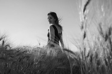 Buğday tarlasında yürüyen bir kadının dramatik monokrom görüntüsü. Minimalist doğa manzarası, özgürlük, yalnızlık ve umut kavramı. Sanatsal siyah beyaz fotoğraf