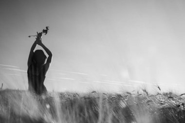 Buğday tarlasında yürüyen bir kadının dramatik monokrom görüntüsü. Minimalist doğa manzarası, özgürlük, yalnızlık ve umut kavramı. Sanatsal siyah beyaz fotoğraf