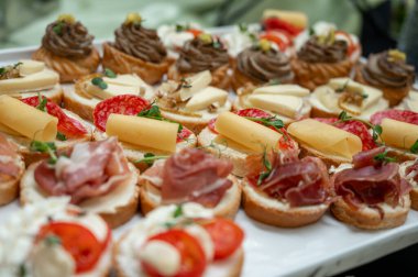 Prosciutto, brie peyniri, salam ve pt içeren çeşitli gurme bruschetalar. Profesyonel catering aperatifleri etkinlikler, partiler ve büfeler için