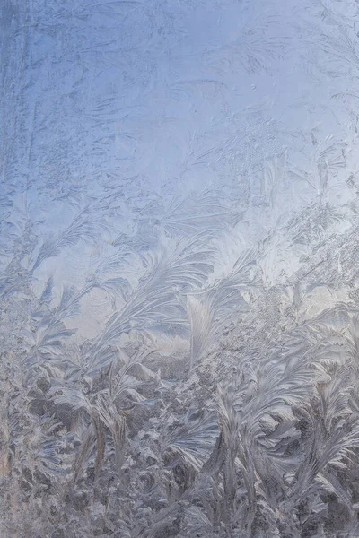 Gyönyörű Közelkép Téli Ablak Pane Bevont Fényes Jég Fagy Minták — Stock Fotó