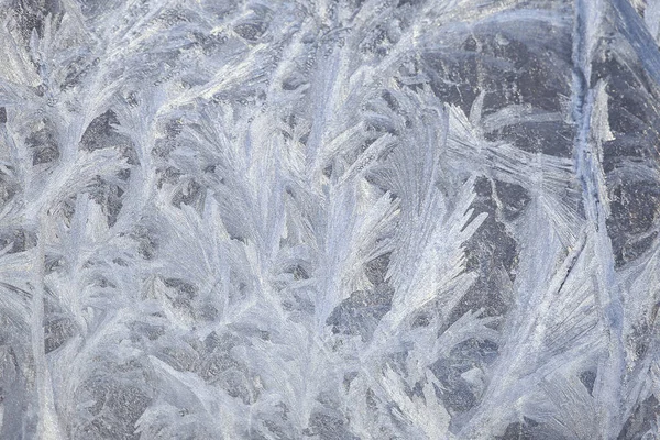 Vackra Närbild Vinterfönster Pane Belagd Skimrande Frost Mönster — Stockfoto