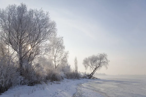 Winterlandschap Met Bomen Bedekt Met Steenvorst Aan Oever Van Een — Stockfoto