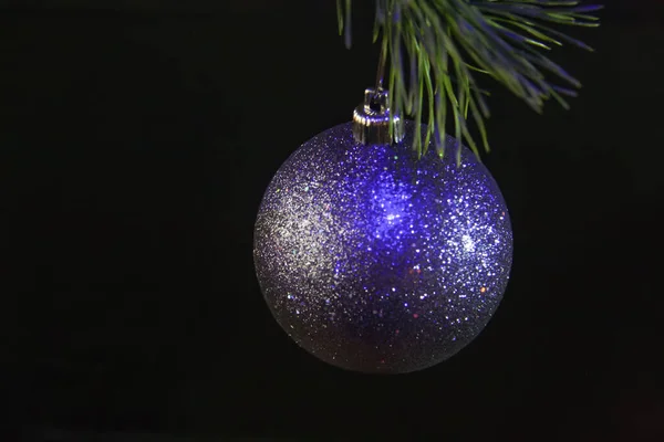 Christmas Tree Toy Silver Ball Black Background Close — Stock Photo, Image