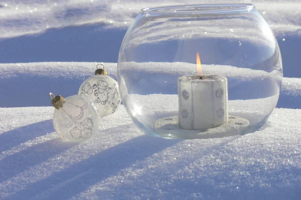Burning Candle Glass Vase Christmas Toys White Fluffy Snow — Stock Photo, Image