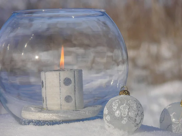 Burning Candle Glass Vase Christmas Toys White Fluffy Snow — Stock Photo, Image