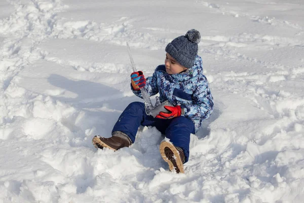 Little Boy Playing Fresh Snow — Stock Photo, Image