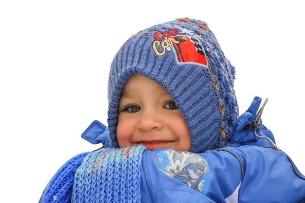 Nahaufnahme Porträt Eines Niedlichen Kleinen Jungen Winterkleidung Isoliert Auf Weiß — Stockfoto