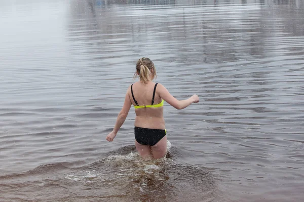 Woman Entering Icy Water Winter River Water Baptism Orthodox Tradition — Stock Photo, Image