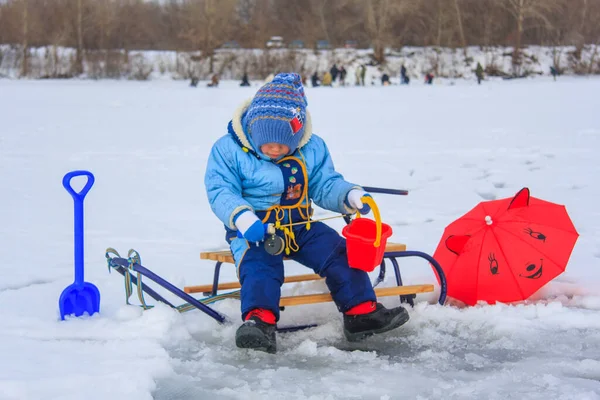 Little Boy Fishing Frozen Lake Winter — Stock Photo, Image