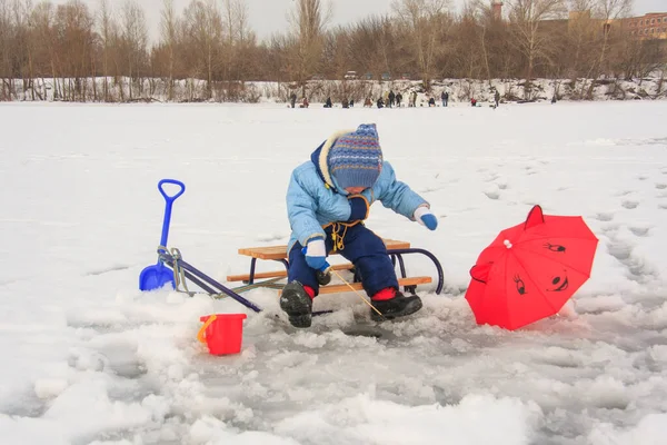 Little Boy Fishing Frozen Lake Winter — Stock Photo, Image