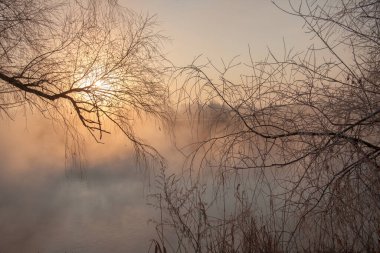 Bahar manzarası. Bahar nehrinin üzerinde şafak.