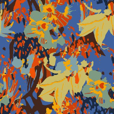 Küçük bir çiçekte şirin bir desen. Küçük çiçekler. Renkli parlak yaz silueti çizimi. Yaprakları ve gelincikleri soyut ve pürüzsüz. Modern biçim için arkaplan bileşimi şablon vektörü.