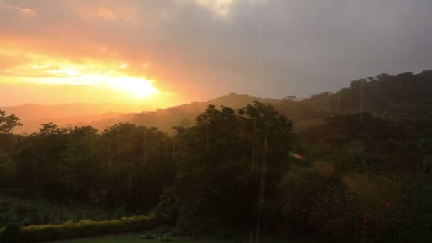 Zonsondergang en regen over regenwoud — Stockvideo