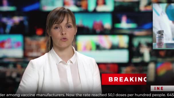 TV studio nyhetssökare talar om senaste nytt om coronavirus och vaccination — Stockvideo
