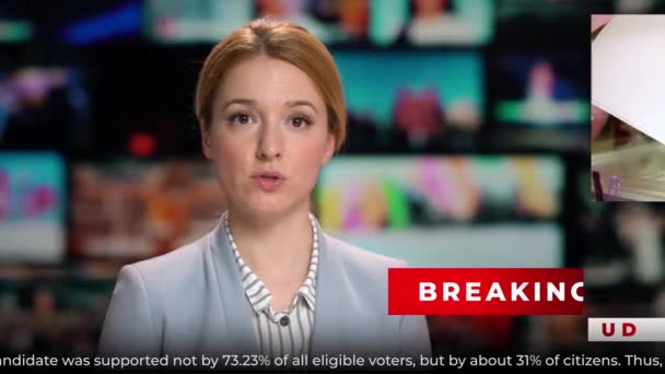 テレビスタジオニュースのプレゼンターが選挙に関するニュースを語る — ストック動画